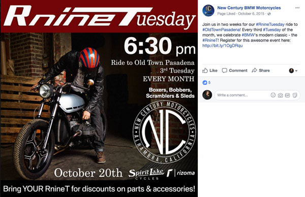 New Century BMW Moto RnineT Facebook post